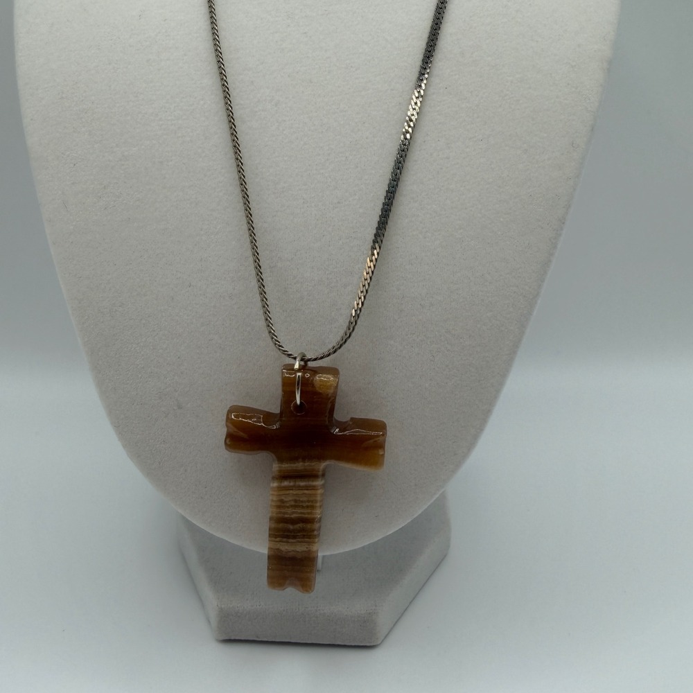 Vintage Banded Onyx Cross‎ Pendant Necklace 925 Flat Curb Chain Tarnished